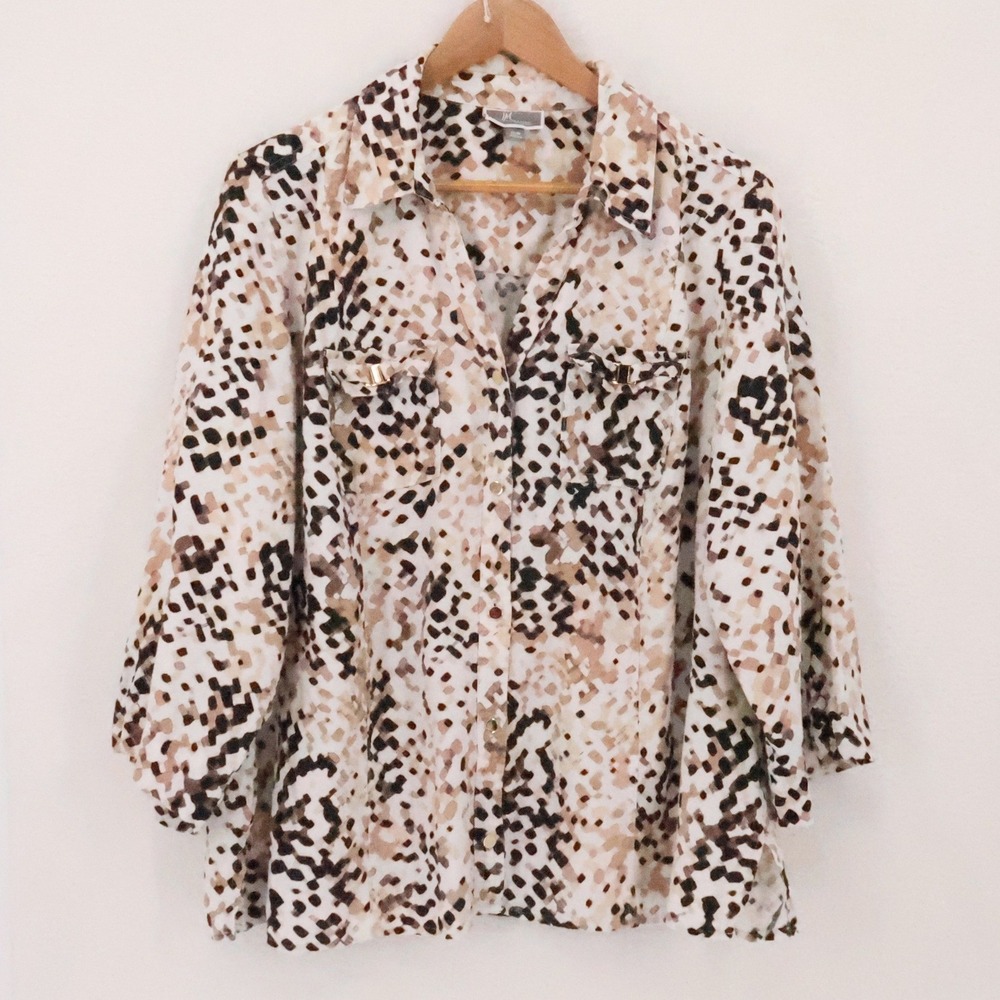 JM Collection Linen Button Down Shirt Womens 16W Tan Animal Print Top Size 16W